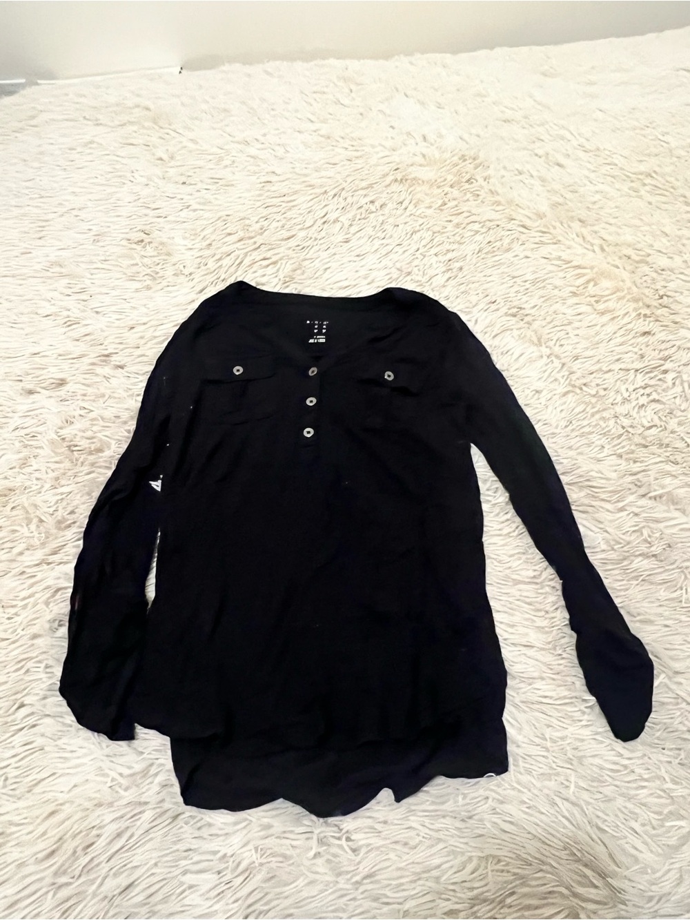 Black Long-Sleeve Henley Top with Button Placket